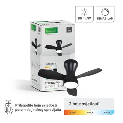 Stropni ventilator sa svjetiljkom Green Tech, 24", 18W, 3CCT, crni