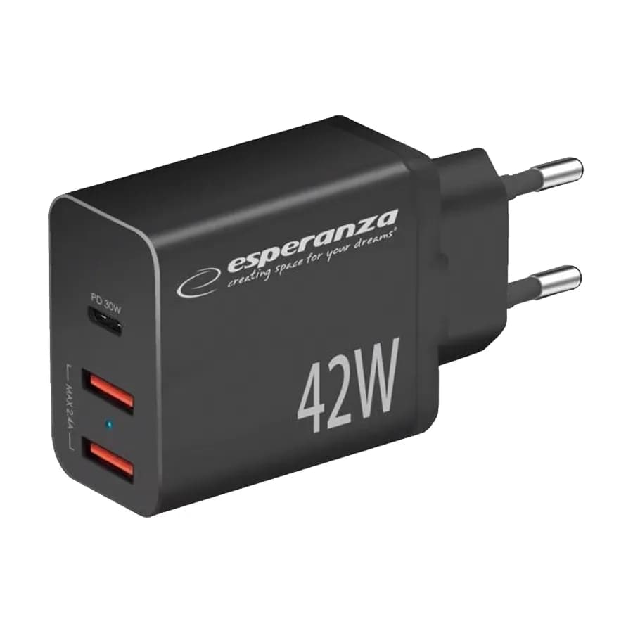 USB punjač Type-C + 2xUSB-A, ESPERANZA QUICK POWER CHARGER 42W USB-C PD 30W / 2x USB-A 12W, EZC106K
