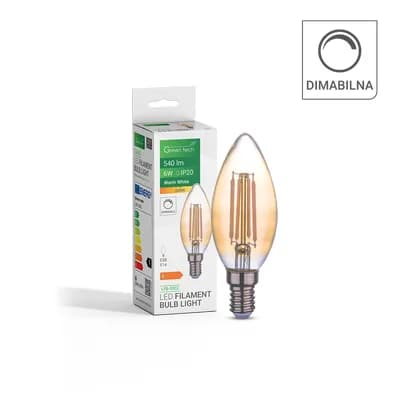 LED filament žarulja Green Tech 6W, 2300K, E14, AC220V, C35, amber, dimabilna