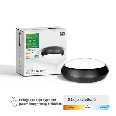 LED plafonjera Green Tech 15W, 3CCT, 30 cm, IP66, crna