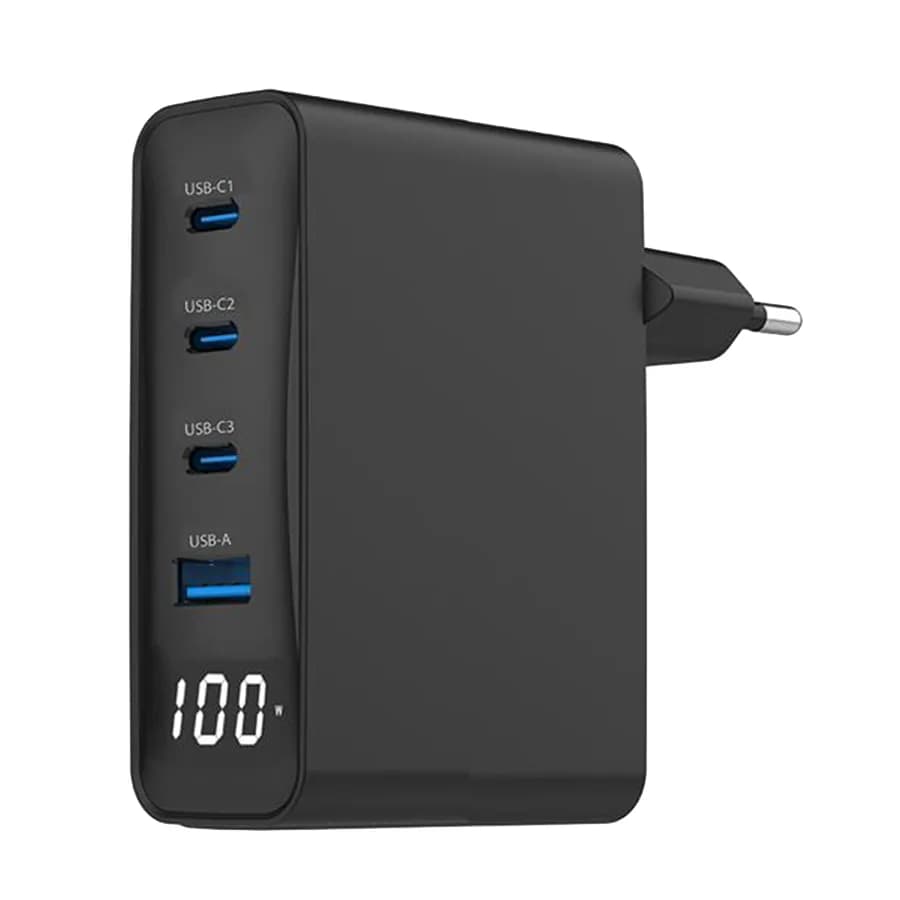 USB punjač 3xType-C + USB-A , 4-port 100W GaN USB fast charger, LCD, black, GEMBIRD, TA-UC-PDQC100LCD-01-BK