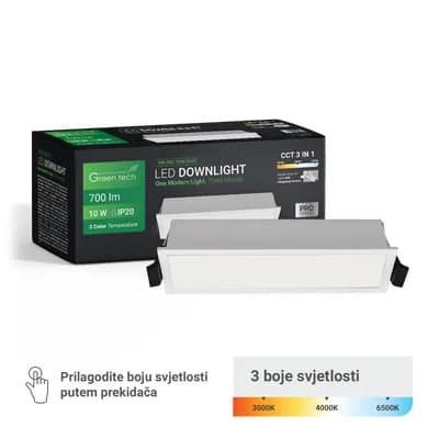 LED downlight Green Tech 10W, 3 CCT, pravokutni