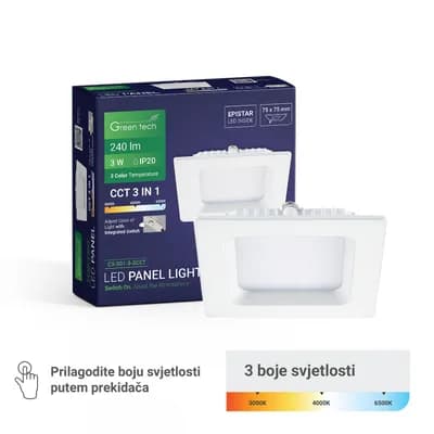 LED panel Green Tech 3W, 3CCT, ugradni, kvadratni