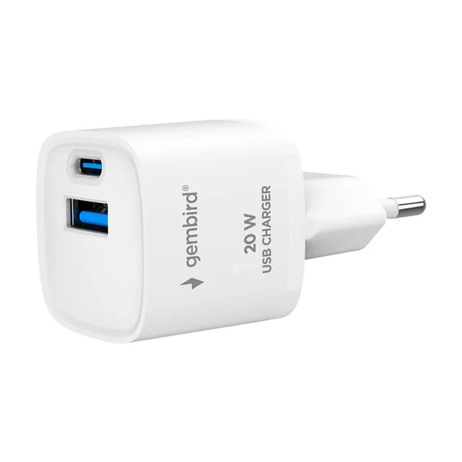 USB punjač 1xType-C + 1xUSB-A fast charger, 20W, white, GEMBIRD, TA-UC-PDQC20-W-01