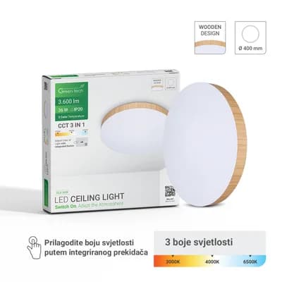 LED plafonjera Green Tech 36W, 3CCT, 40 cm, drveni okvir