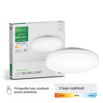 LED plafonjera Green Tech 18W, 3CCT, IP54, bijela, promjer 28 cm