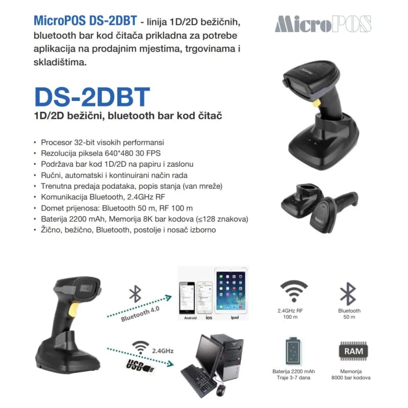 MicroPOS 1D/2D bar kod citac DS-2DBT, crni, BT, WF