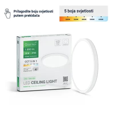 LED plafonjera Green Tech 18W, 5 CCT 3000K-3500K-4000K-5000K-6500K, fi22 cm WH