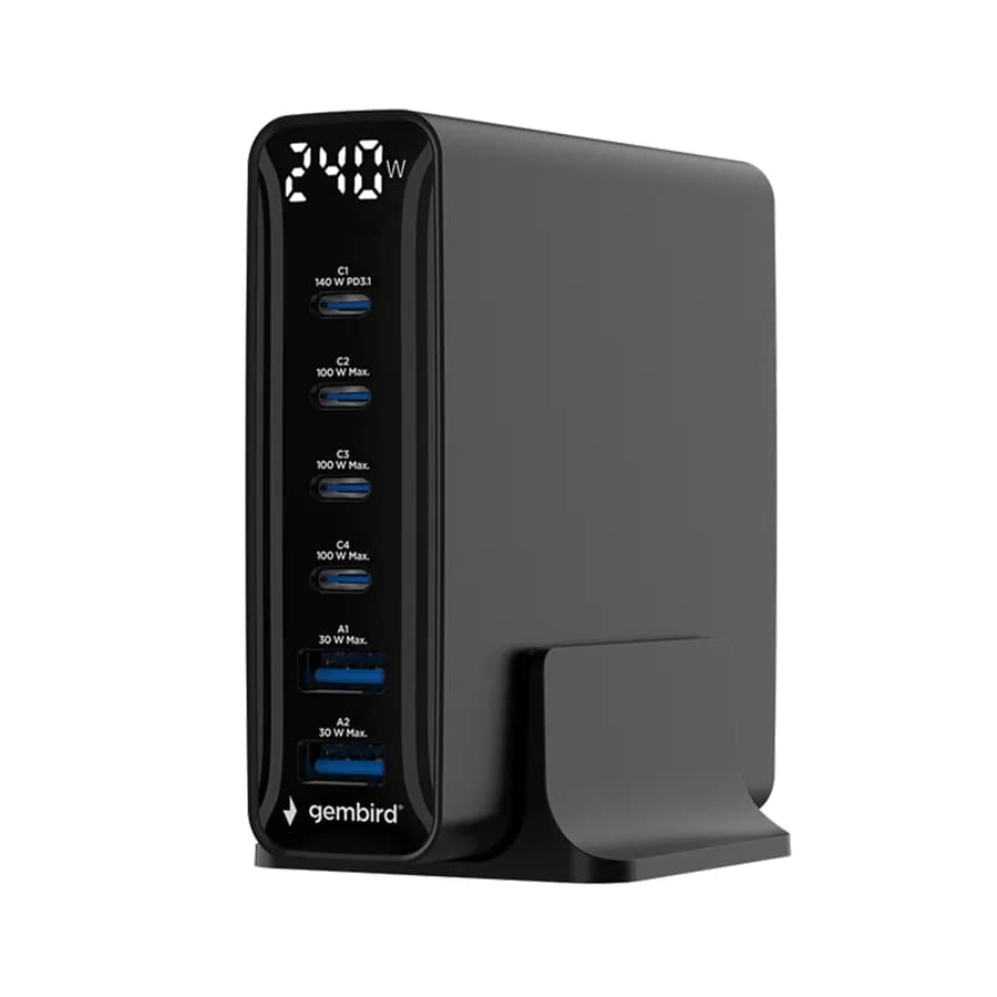 Power station USB brzi/quick punjač GEMBIRD, 6-port 240 W GaN USB fast charger, black, TA-UC-2A4C-PD240-01-BK