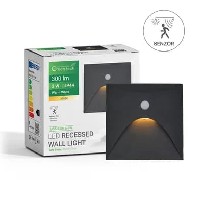 LED ugradna zidna svjetiljka sa senzorom Green Tech 3W, 3000K IP44, crna