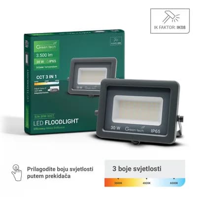 LED reflektor Green Tech 30W, 3CCT, IP65, aluminij