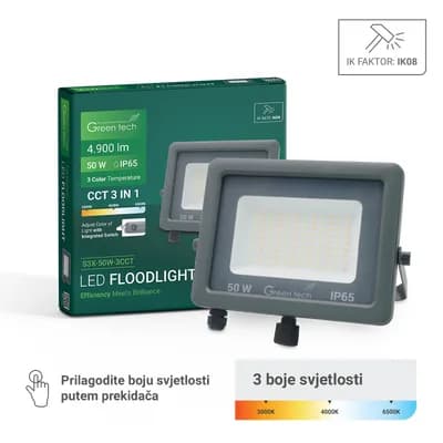 LED reflektor Green Tech 50W, 3CCT, IP65, aluminij