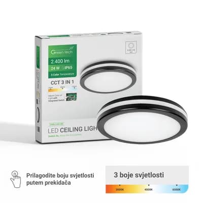 LED plafonjera Green Tech 24W, 3CCT, 30 cm, IP65, crna