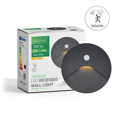 LED ugradna zidna svjetiljka sa senzorom Green Tech 3W, 3000K IP44, crna