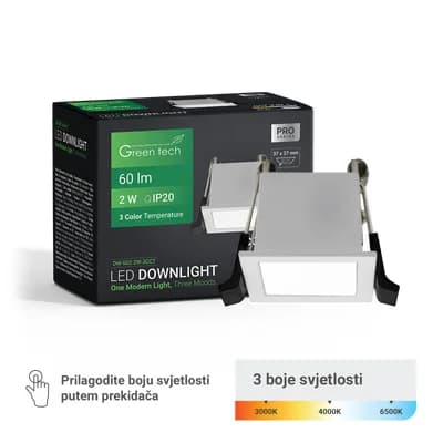 LED downlight Green Tech 2W, 3 CCT, pravokutni