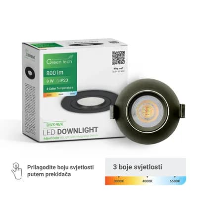 LED downlight Green Tech 800 lm, 9W, 3CCT, 3000K-4000-6500K, crni
