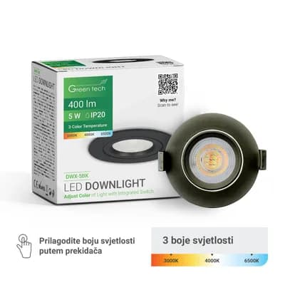 LED downlight Green Tech 400 lm, 5W, 3CCT, 3000K-4000-6500K, crni