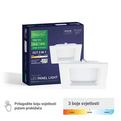 LED panel Green Tech 12W, 3CCT, ugradni, kvadratni