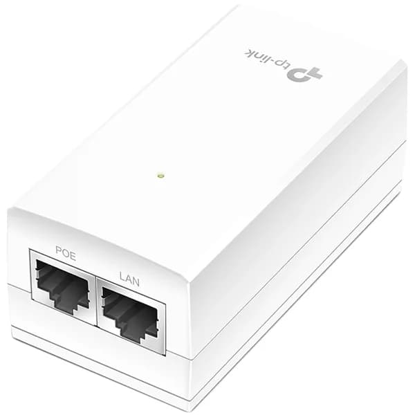 Omada 24V Passive PoE Injector Adapter PORT: 1× Gigabit PoE Port, 1× Gigabit Non-PoE Port SPEC: Data and Power Carried over The Same Cable, 24V Power Input, 12 W PoE Power, Plastic Case