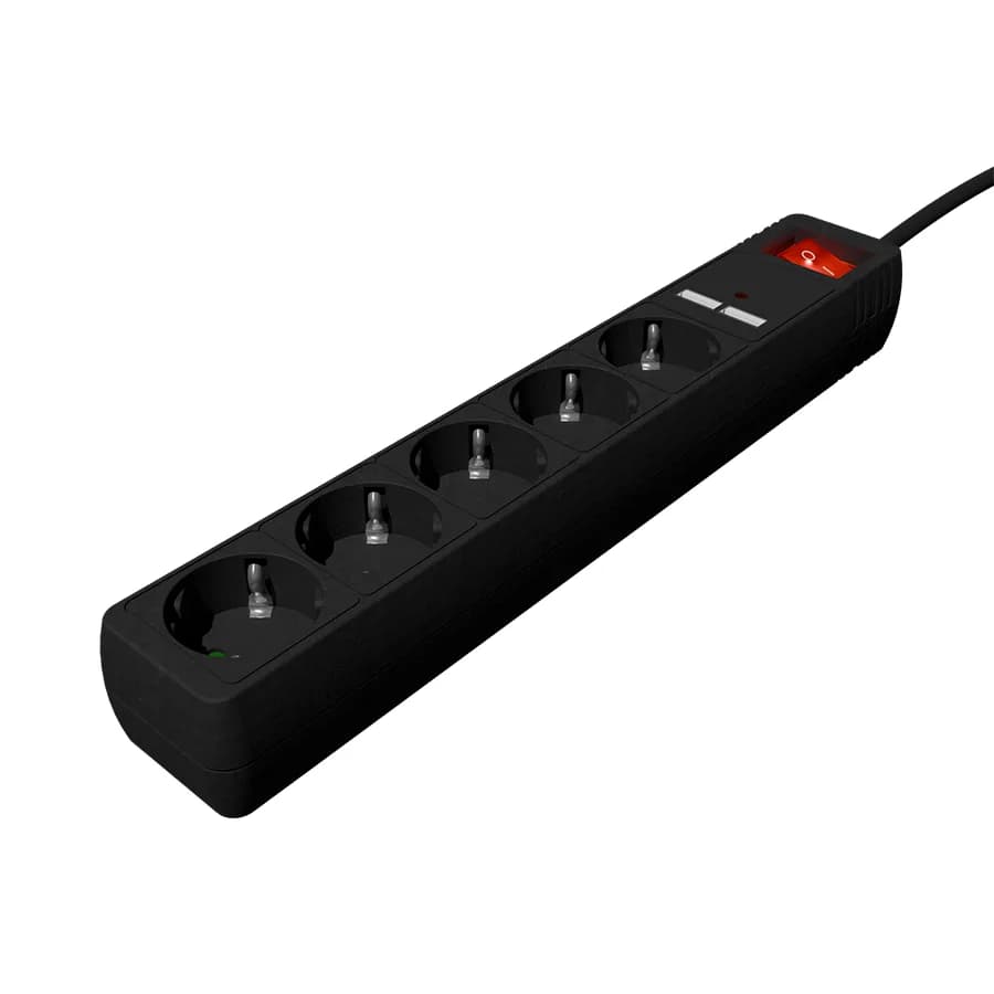 Razvodnik nap.GEMBIRD SPG5-U2-5-02, crni, Prekidač, 5 uticnica, 1,5 M, prenaponska zaštita 2x USB port
