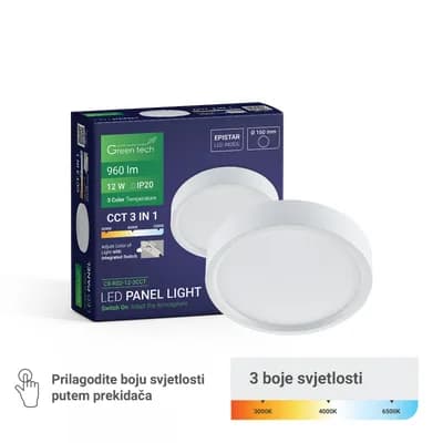 LED panel Green Tech 12W, 3CCT, nadgradni, okrugli
