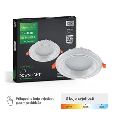 LED downlight Green Tech 22W, 3 CCT, okrugli