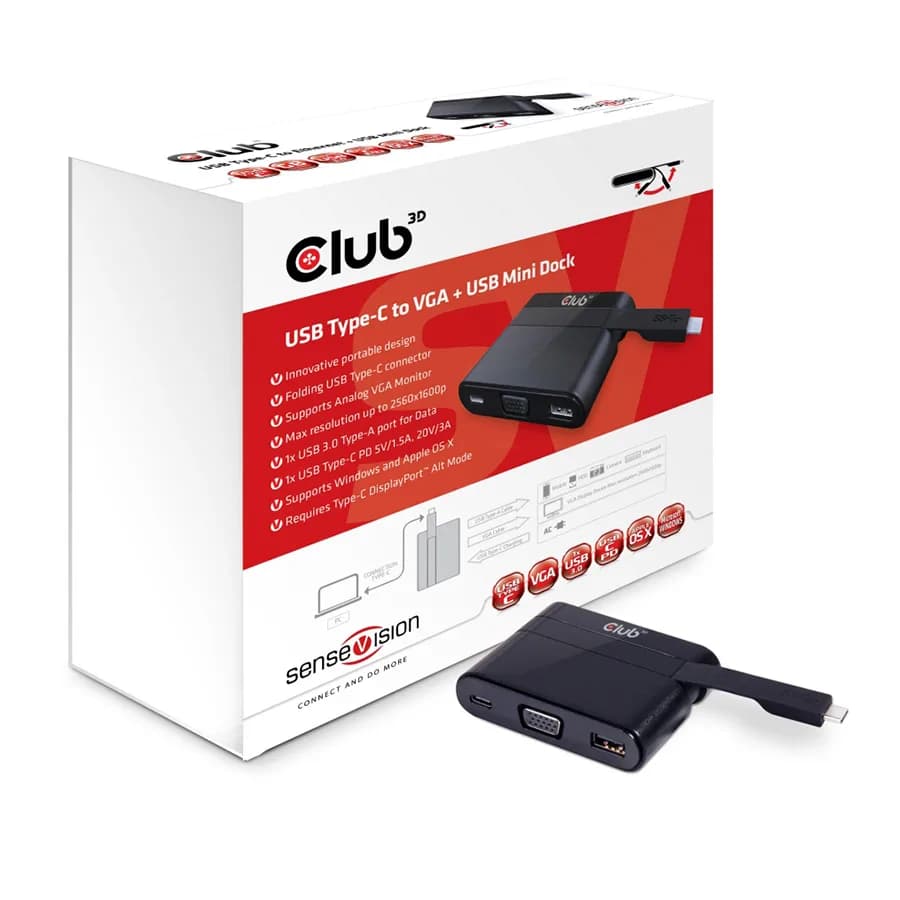 Mini docking station Club 3D USB TYPE C 3.1 GEN 1 TO VGA + USB TYPE A 3.0 + USB TYPE C CHARGING 60W MINI DOCKING STATION CSV-1532