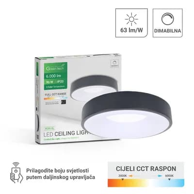 Smart plafonjera Green Tech metalna 96W, 3CCT s daljinskim up., fi 60cm