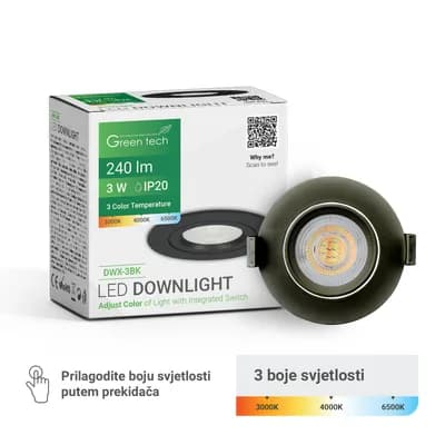 LED downlight Green Tech 240 lm, 3W, 3CCT, 3000K-4000-6500K, crni