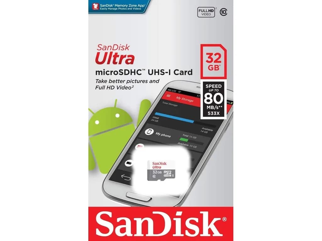 SanDisk Micro SD 32GB Ultra, 100MB/s A2+ SD adapter