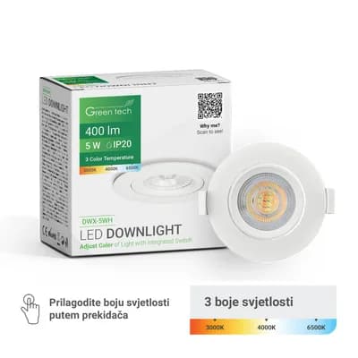 LED downlight Green Tech 400 lm, 5W, 3CCT, 3000K-4000-6500K, bijeli