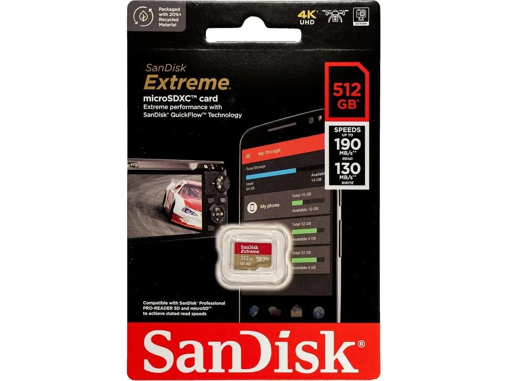 SanDisk Micro SD 512GB Extreme, 190MB/s A2+ SD adapter