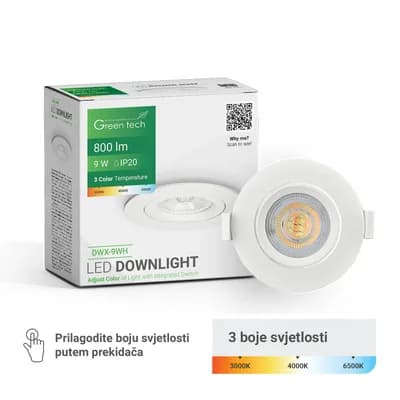 LED downlight Green Tech 800 lm, 9W, 3CCT, 3000K-4000-6500K, bijeli