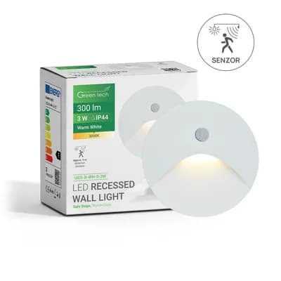 LED ugradna zidna svjetiljka sa senzorom Green Tech 3W, 3000K IP44, bijela