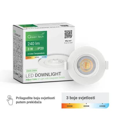 LED downlight Green Tech 240 lm, 3W, 3CCT, 3000K-4000-6500K, bijeli