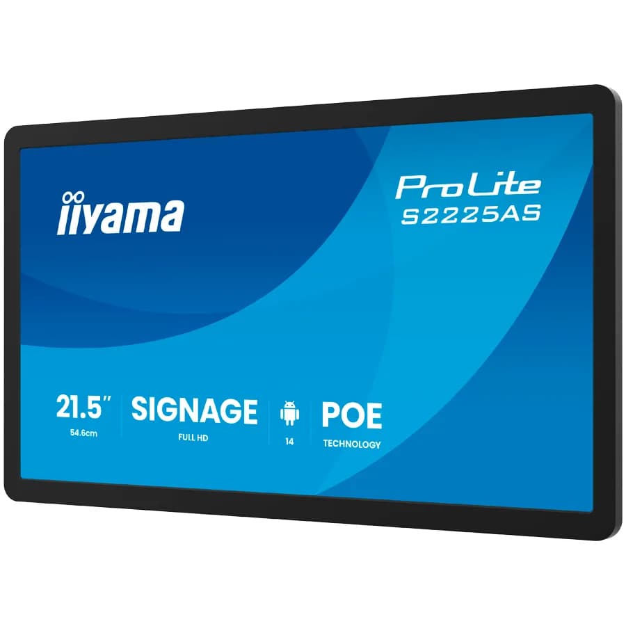 IIYAMA ProLite Signage Display S2225AS-B1P 21.5" IPS Anti-Glare, FHD 1920x1080, 500cd/m2, 1500:1, 14ms, Android 14, iiSignage2, 24/7, WiFi 6, BT 5.3, PoE, 1xHDMI, 1xUSB-C (video out), 2xUSB, 1xLAN, 2x5W Speakers, Microphone, VESA 100x100, Black
