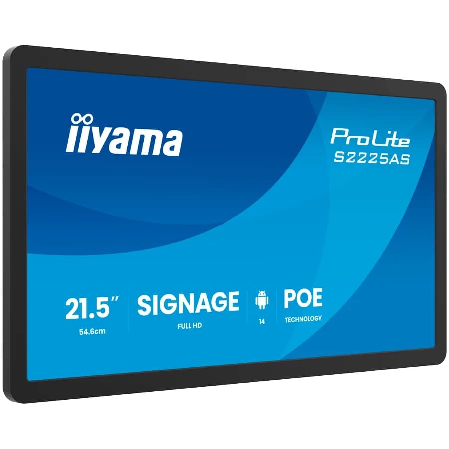 IIYAMA ProLite Signage Display S2225AS-B1P 21.5" IPS Anti-Glare, FHD 1920x1080, 500cd/m2, 1500:1, 14ms, Android 14, iiSignage2, 24/7, WiFi 6, BT 5.3, PoE, 1xHDMI, 1xUSB-C (video out), 2xUSB, 1xLAN, 2x5W Speakers, Microphone, VESA 100x100, Black