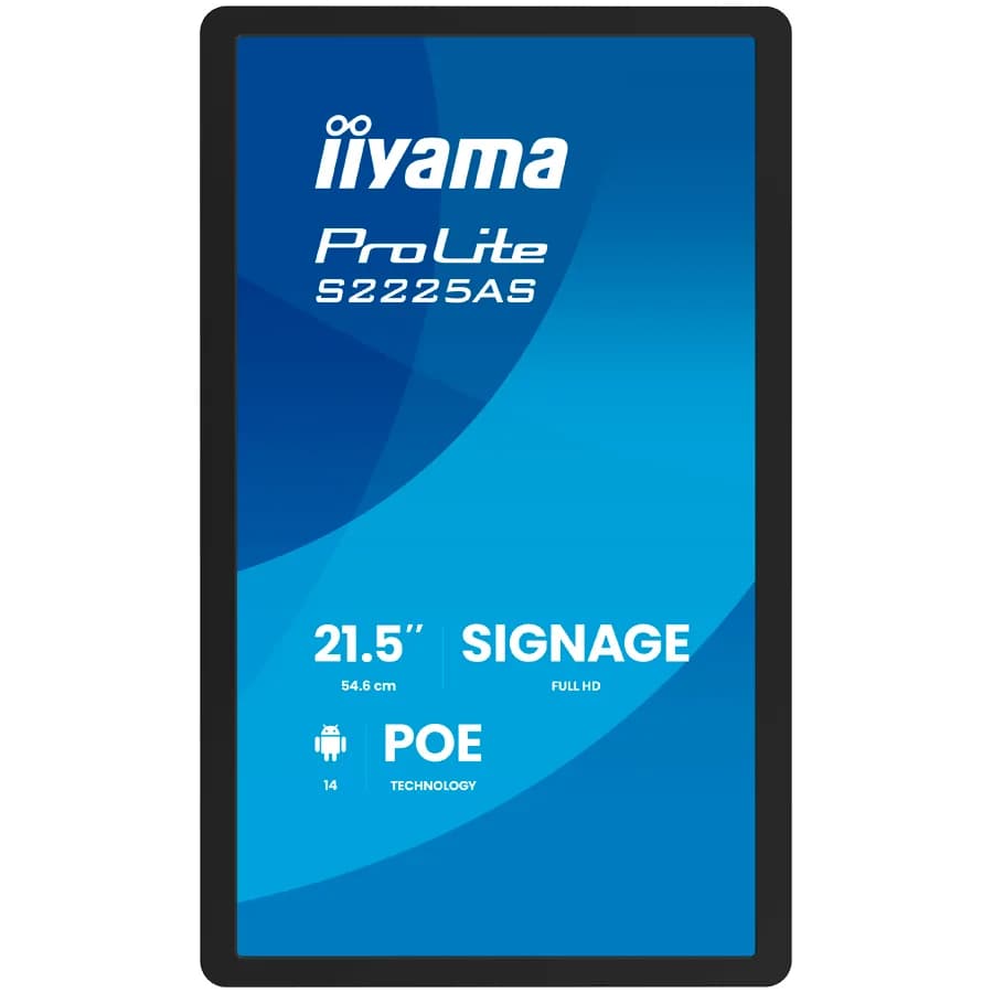 IIYAMA ProLite Signage Display S2225AS-B1P 21.5" IPS Anti-Glare, FHD 1920x1080, 500cd/m2, 1500:1, 14ms, Android 14, iiSignage2, 24/7, WiFi 6, BT 5.3, PoE, 1xHDMI, 1xUSB-C (video out), 2xUSB, 1xLAN, 2x5W Speakers, Microphone, VESA 100x100, Black