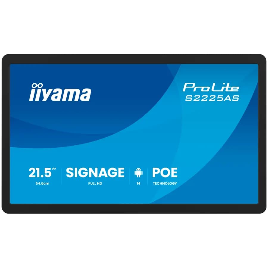 IIYAMA ProLite Signage Display S2225AS-B1P 21.5" IPS Anti-Glare, FHD 1920x1080, 500cd/m2, 1500:1, 14ms, Android 14, iiSignage2, 24/7, WiFi 6, BT 5.3, PoE, 1xHDMI, 1xUSB-C (video out), 2xUSB, 1xLAN, 2x5W Speakers, Microphone, VESA 100x100, Black