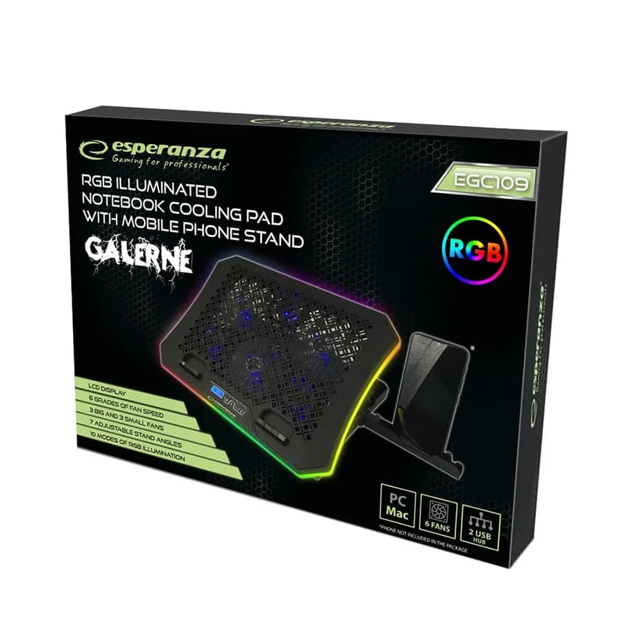Postolje za notebook gaming ESPERANZA RGB ILLUMINATED NOTEBOOK COOLING PAD WITH MOBILE PHONE STAND GALERNE EGC109