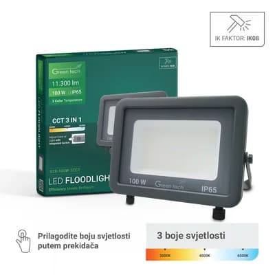 LED reflektor Green Tech 100W, 3CCT, IP65, aluminij